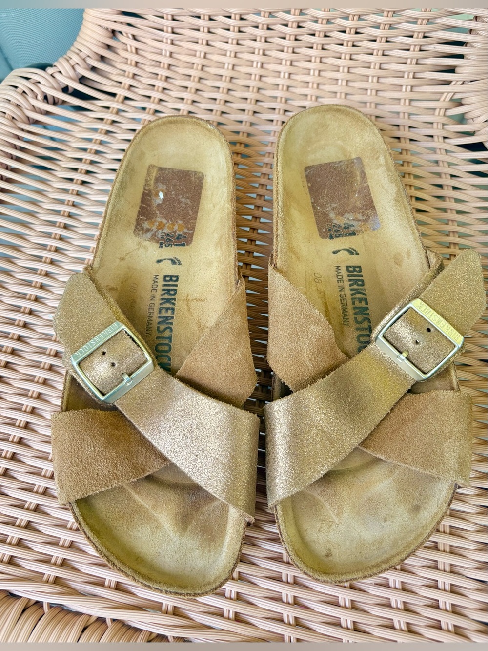 Birkenstock Crisscross Suede Sandals in Tan/Gold Size 41